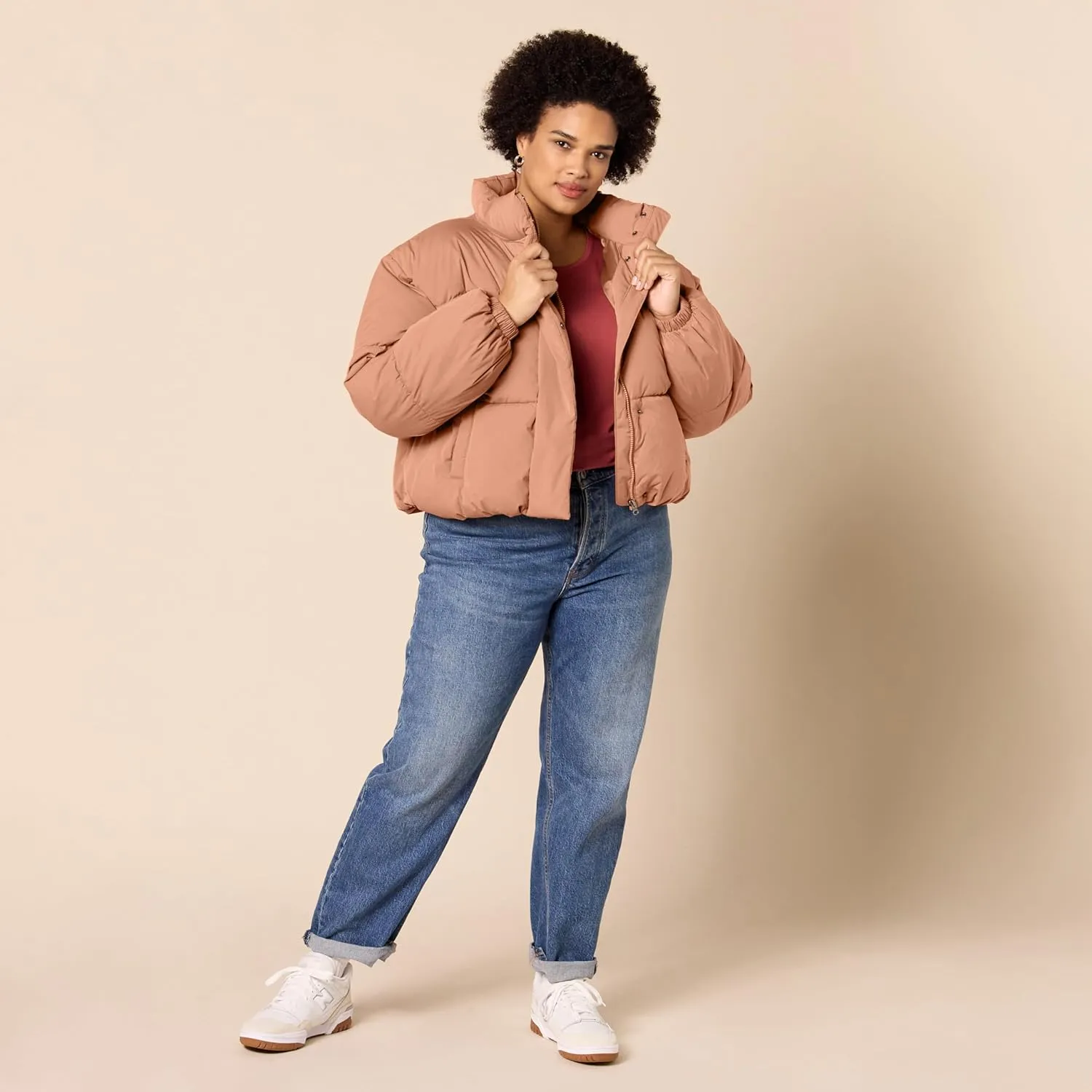 Amazon Essentials Women's Cropped Full-Zip Puffer Jacket (Quilted Matte or Sherpa Fleece)