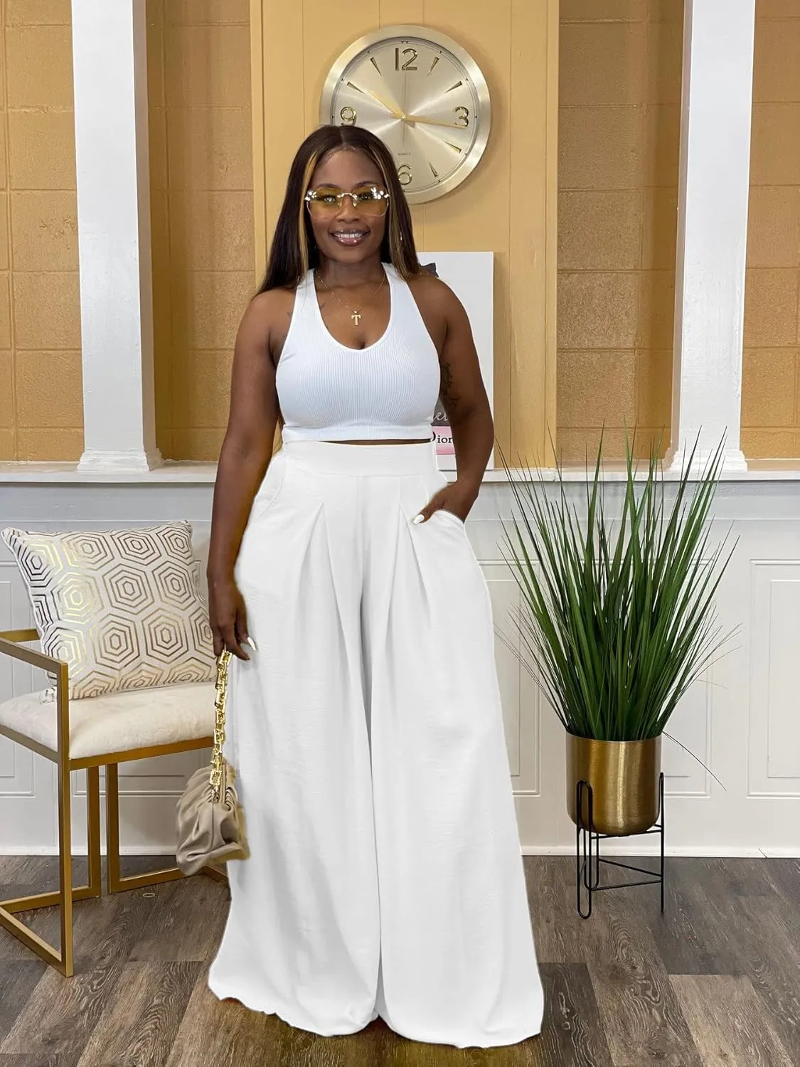 Flowy Pants for Women Casual High Waisted Wide Leg Palazzo Pants Trousers with Pocket Plus Size