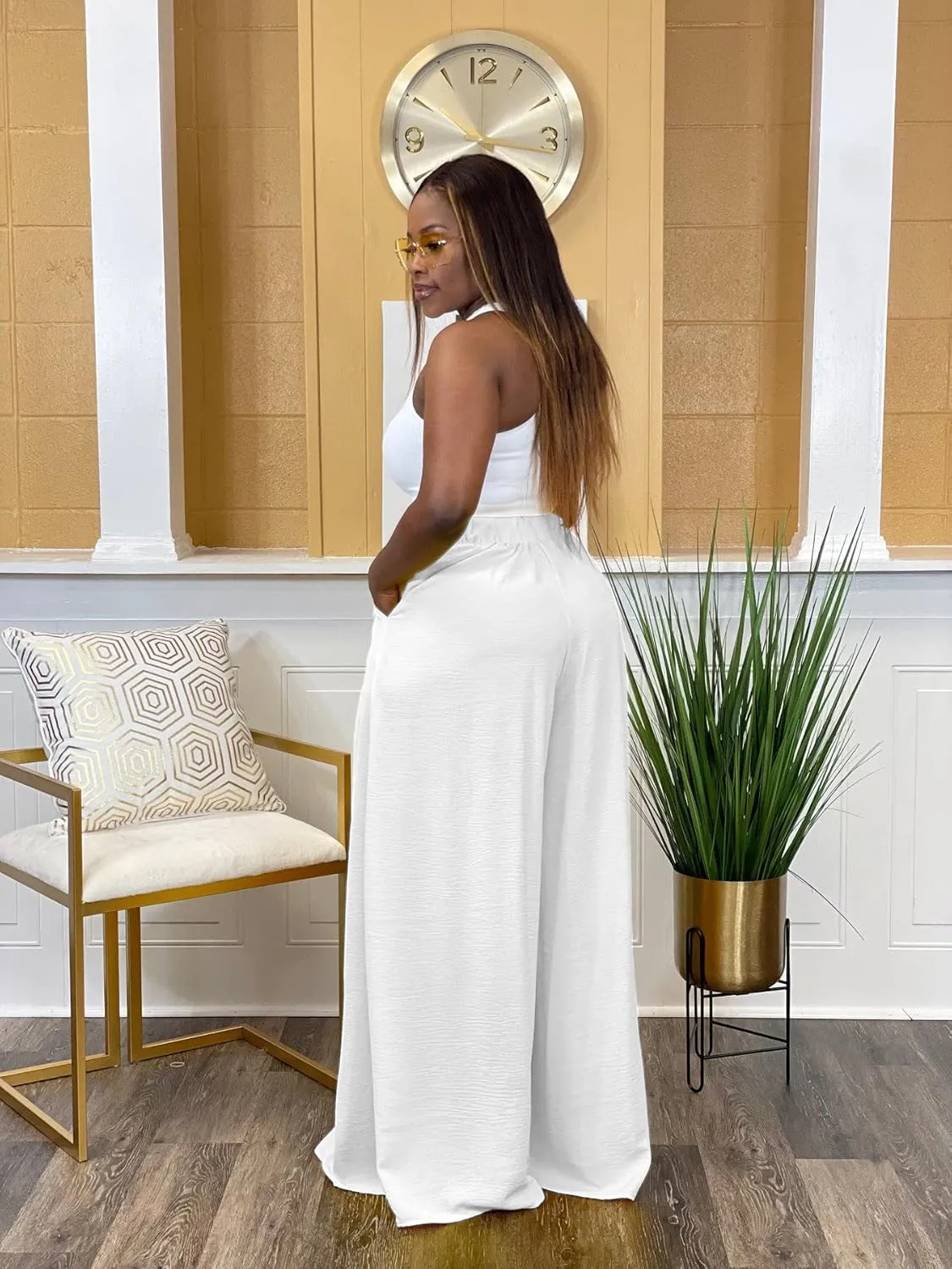 Flowy Pants for Women Casual High Waisted Wide Leg Palazzo Pants Trousers with Pocket Plus Size