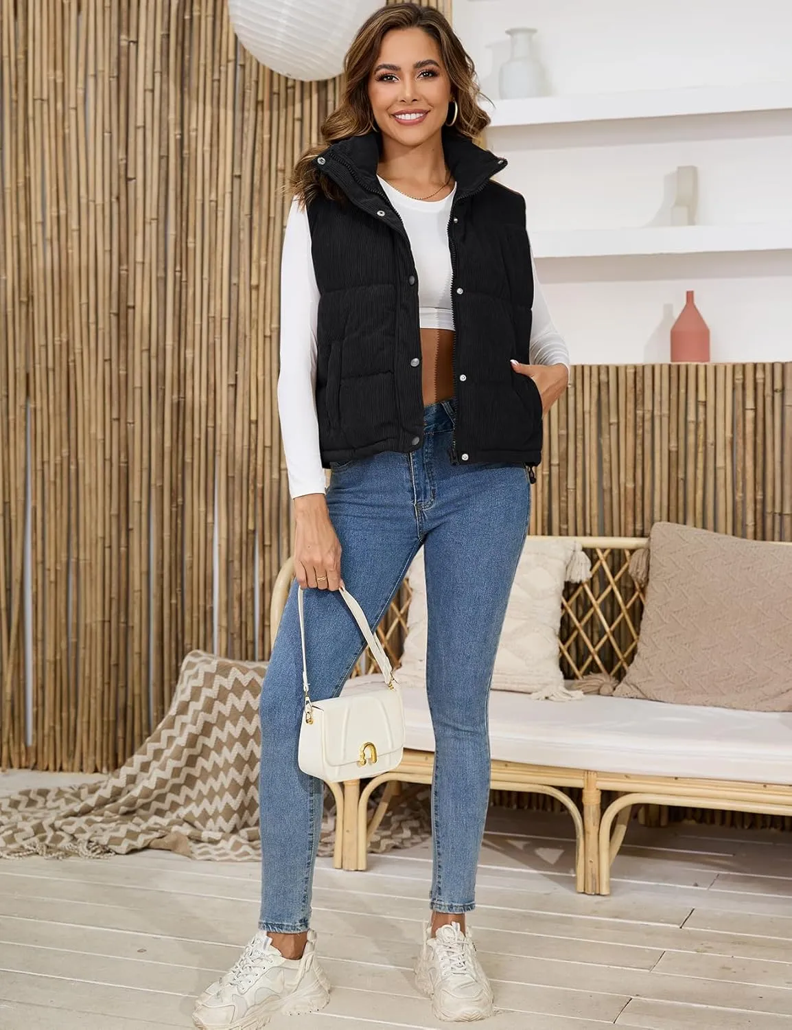 Gihuo Women's Corduroy Puffer Vest Stand Collar Zip Up Padded Vests Sleeveless Quilted Jackets Snap Gilet with Pockets