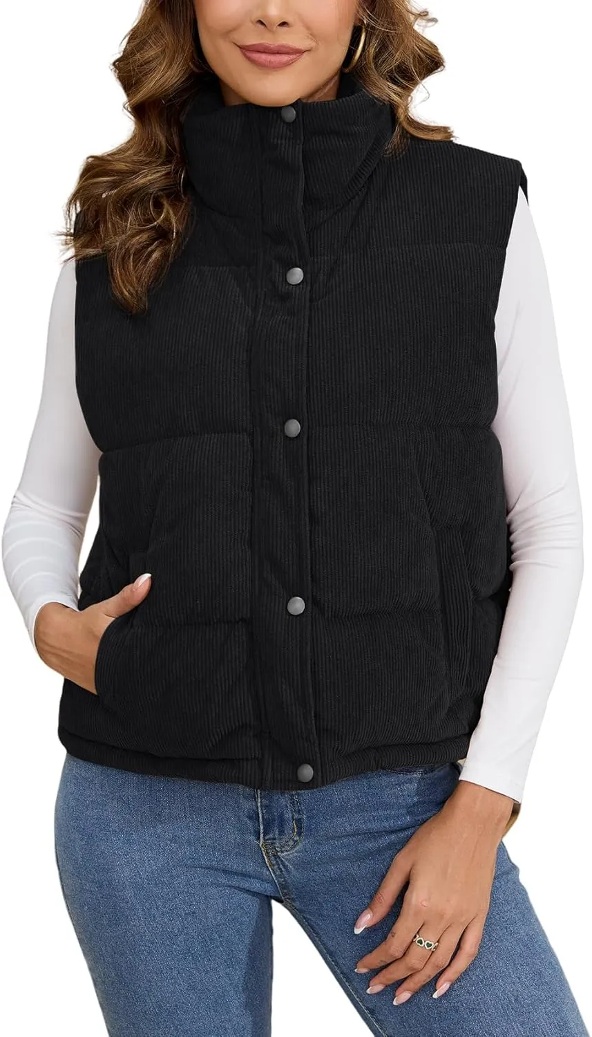 Gihuo Women's Corduroy Puffer Vest Stand Collar Zip Up Padded Vests Sleeveless Quilted Jackets Snap Gilet with Pockets
