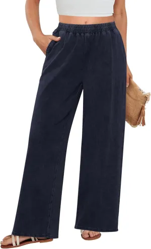 GRAPENT Wide Leg Pants Woman Pull On High Waisted Baggy Straight Leg Colored Jeans Stretch Twill Trouser Pants for Women