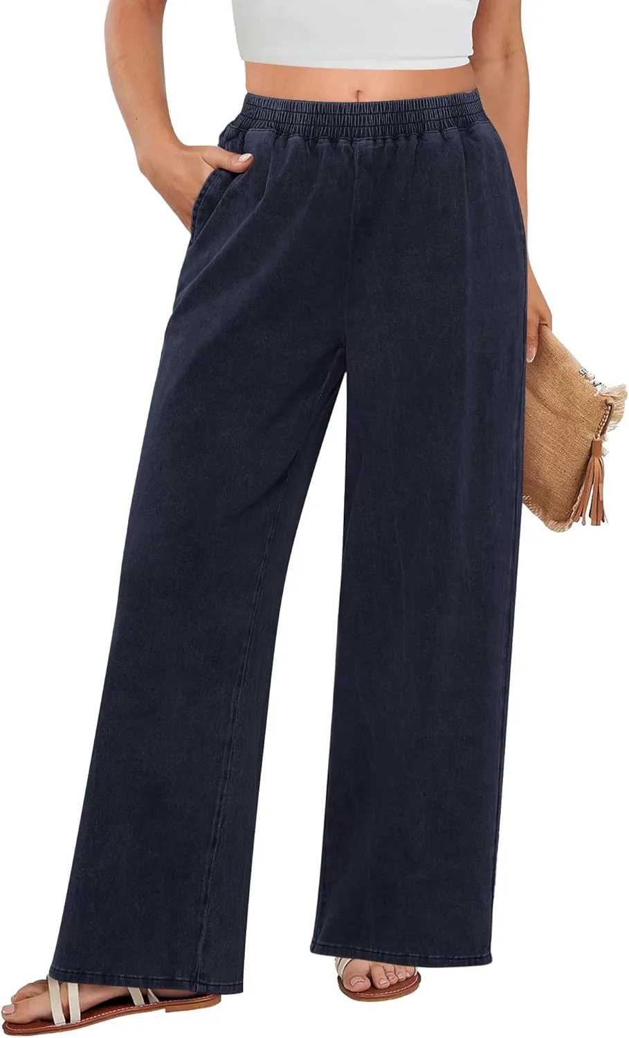 GRAPENT Wide Leg Pants Woman Pull On High Waisted Baggy Straight Leg Colored Jeans Stretch Twill Trouser Pants for Women
