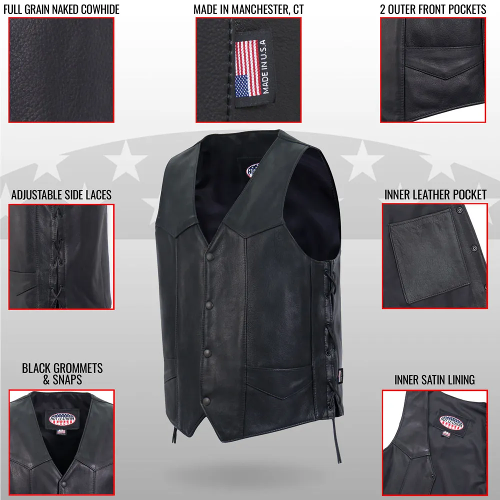 Hot Leathers VSM5008 USA Made Men's Black Western Style Side Lace Premium Leather Biker Vest