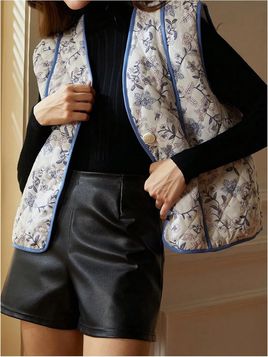MakeMeChic Women's Floral V Neck Quilted Vest Sleeveless Puffer Jacket Button Down Padded Vests