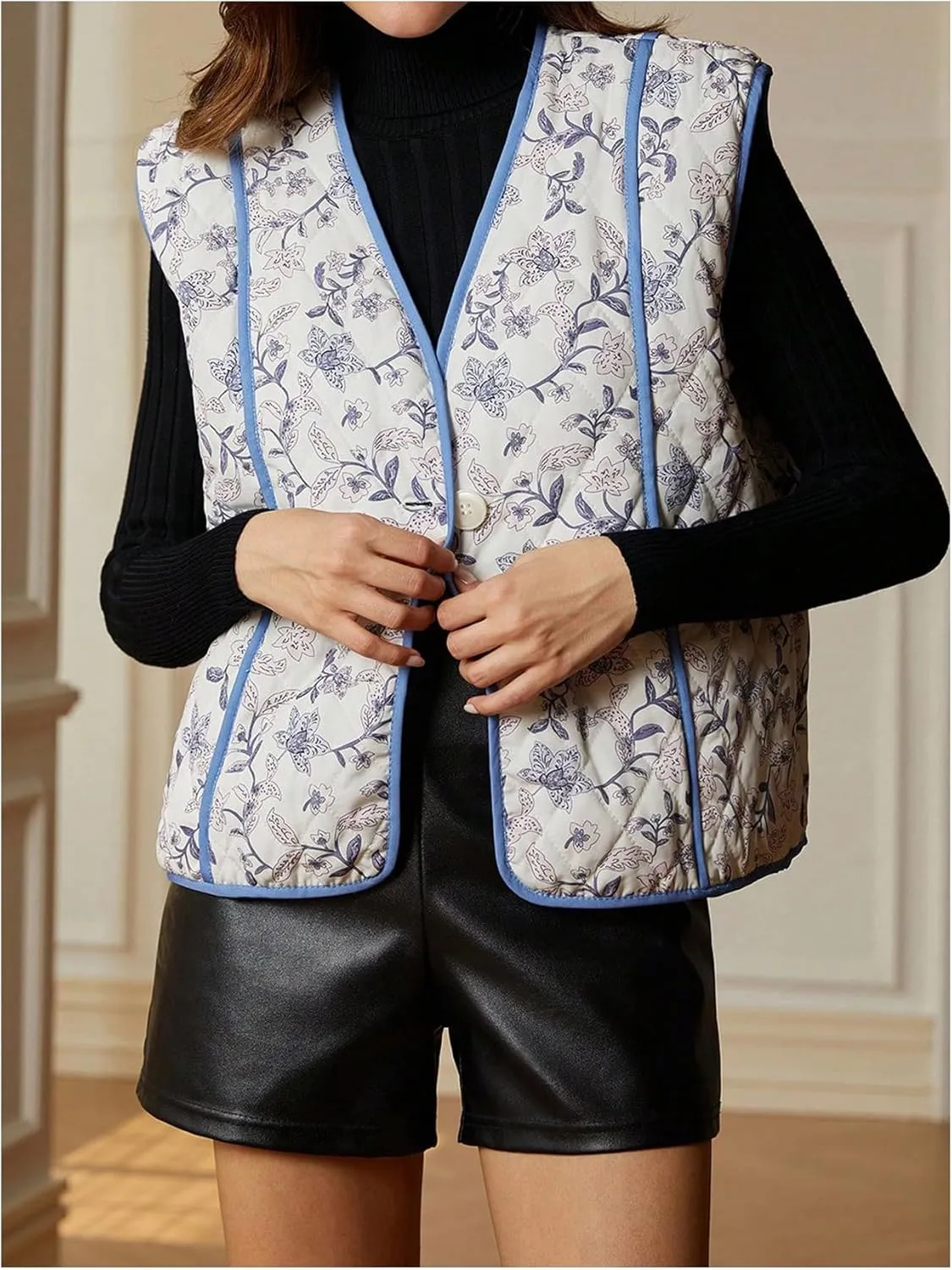 MakeMeChic Women's Floral V Neck Quilted Vest Sleeveless Puffer Jacket Button Down Padded Vests
