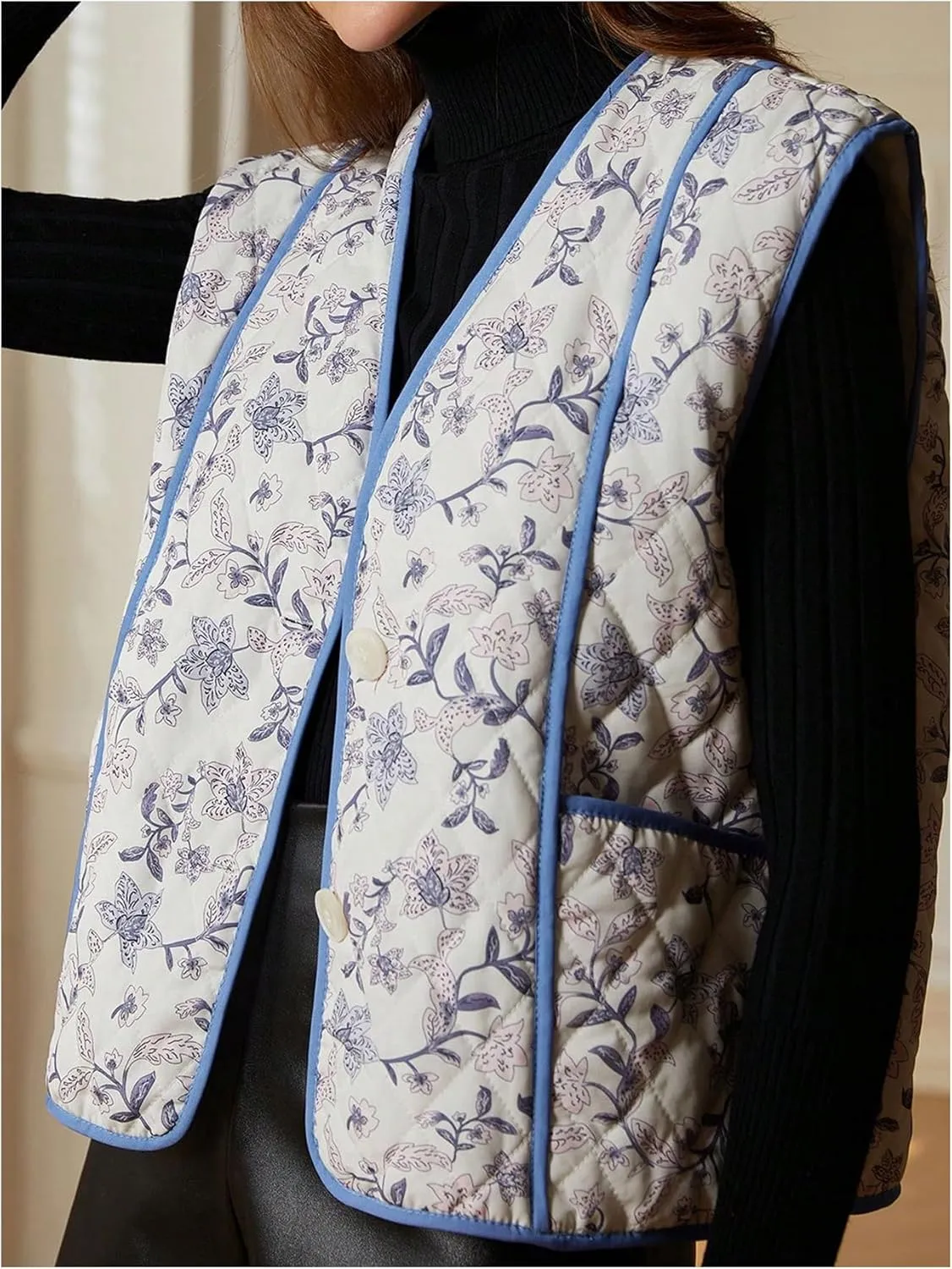 MakeMeChic Women's Floral V Neck Quilted Vest Sleeveless Puffer Jacket Button Down Padded Vests