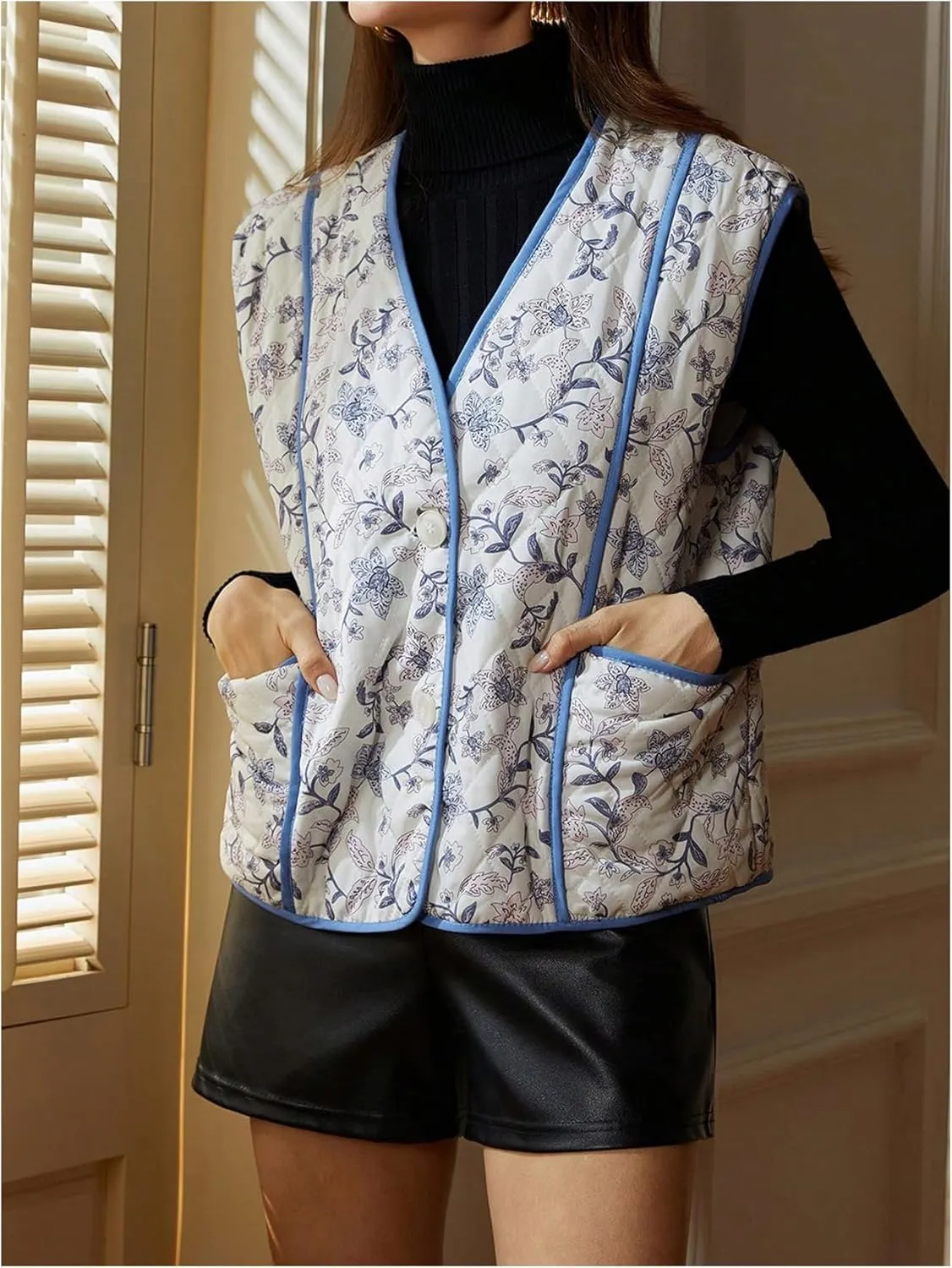 MakeMeChic Women's Floral V Neck Quilted Vest Sleeveless Puffer Jacket Button Down Padded Vests