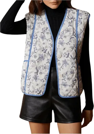 MakeMeChic Women's Floral V Neck Quilted Vest Sleeveless Puffer Jacket Button Down Padded Vests