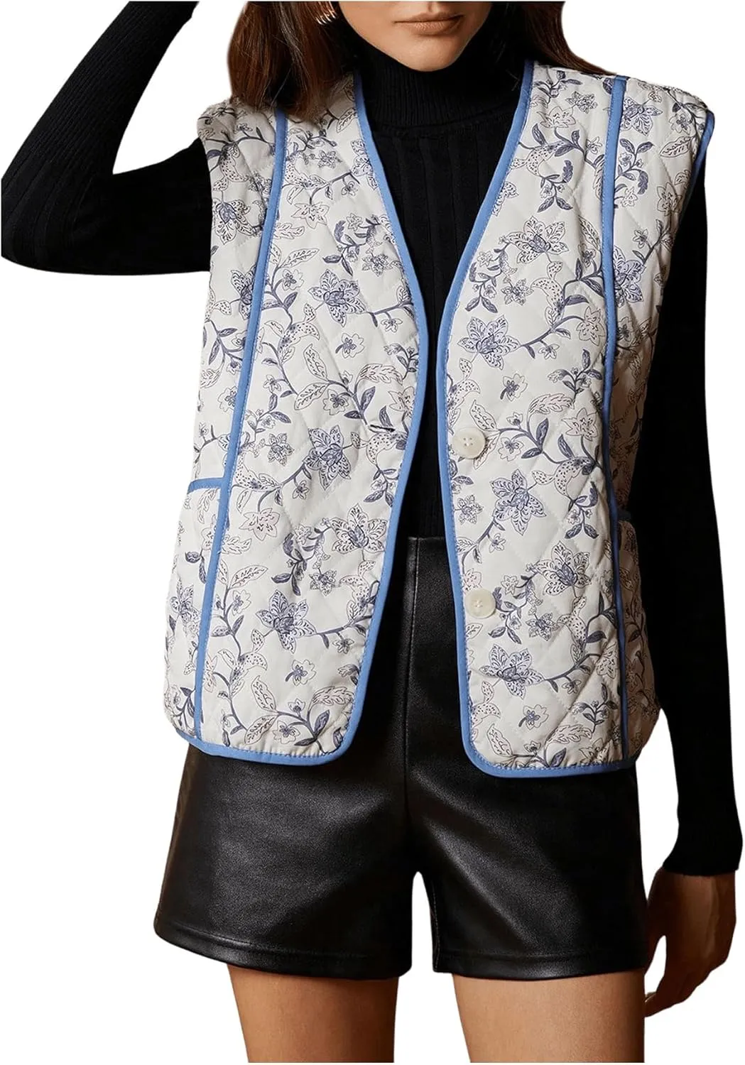 MakeMeChic Women's Floral V Neck Quilted Vest Sleeveless Puffer Jacket Button Down Padded Vests