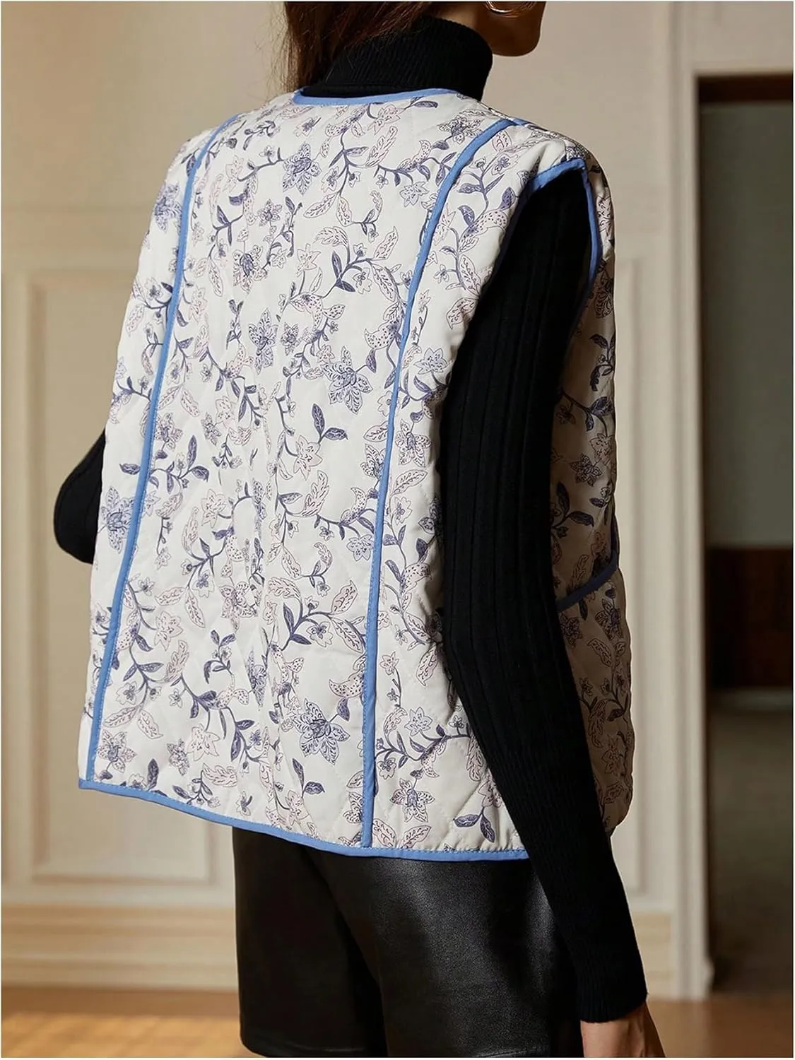 MakeMeChic Women's Floral V Neck Quilted Vest Sleeveless Puffer Jacket Button Down Padded Vests