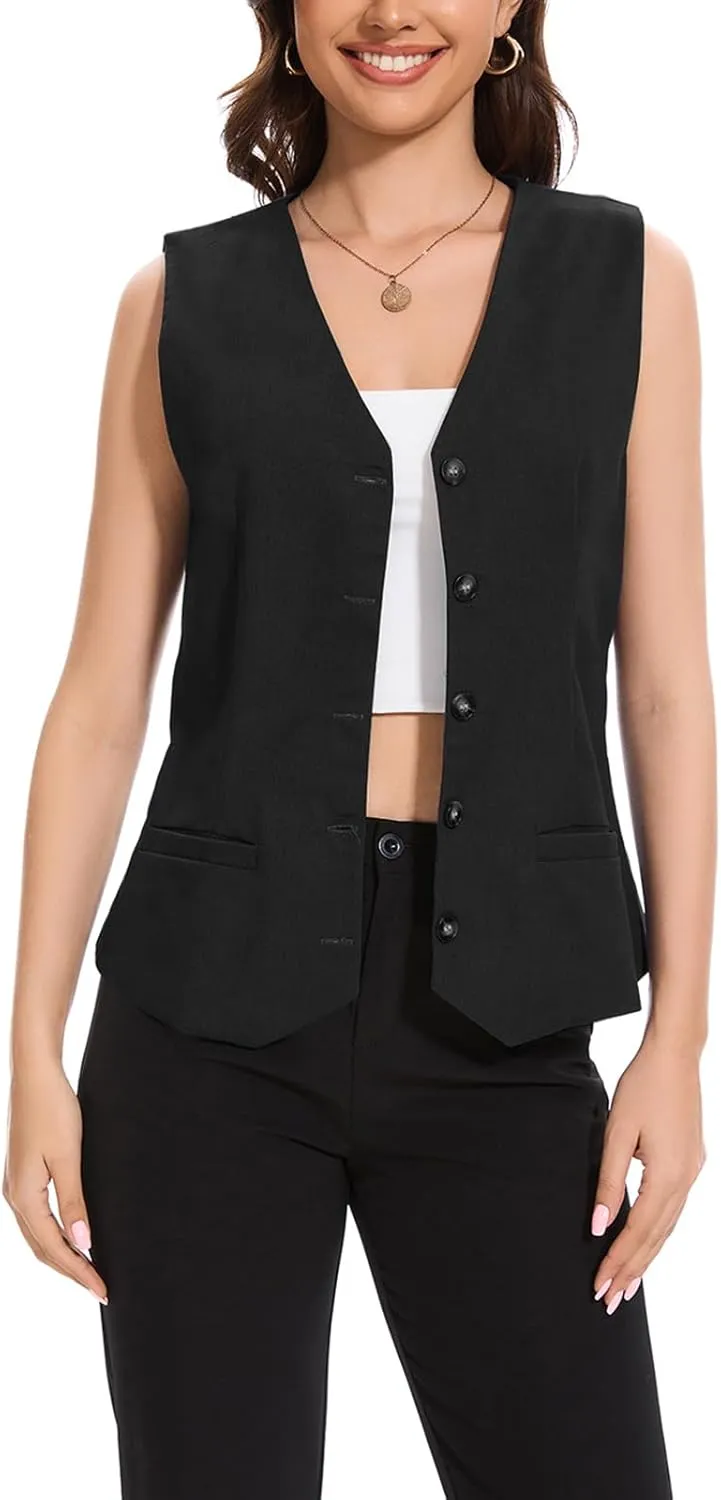 MINTLIMIT Womens Linen Vest V Neck Lightweight Work Button Cropped Sleeveless Jacket 2025 Summer Vests Waistcoat