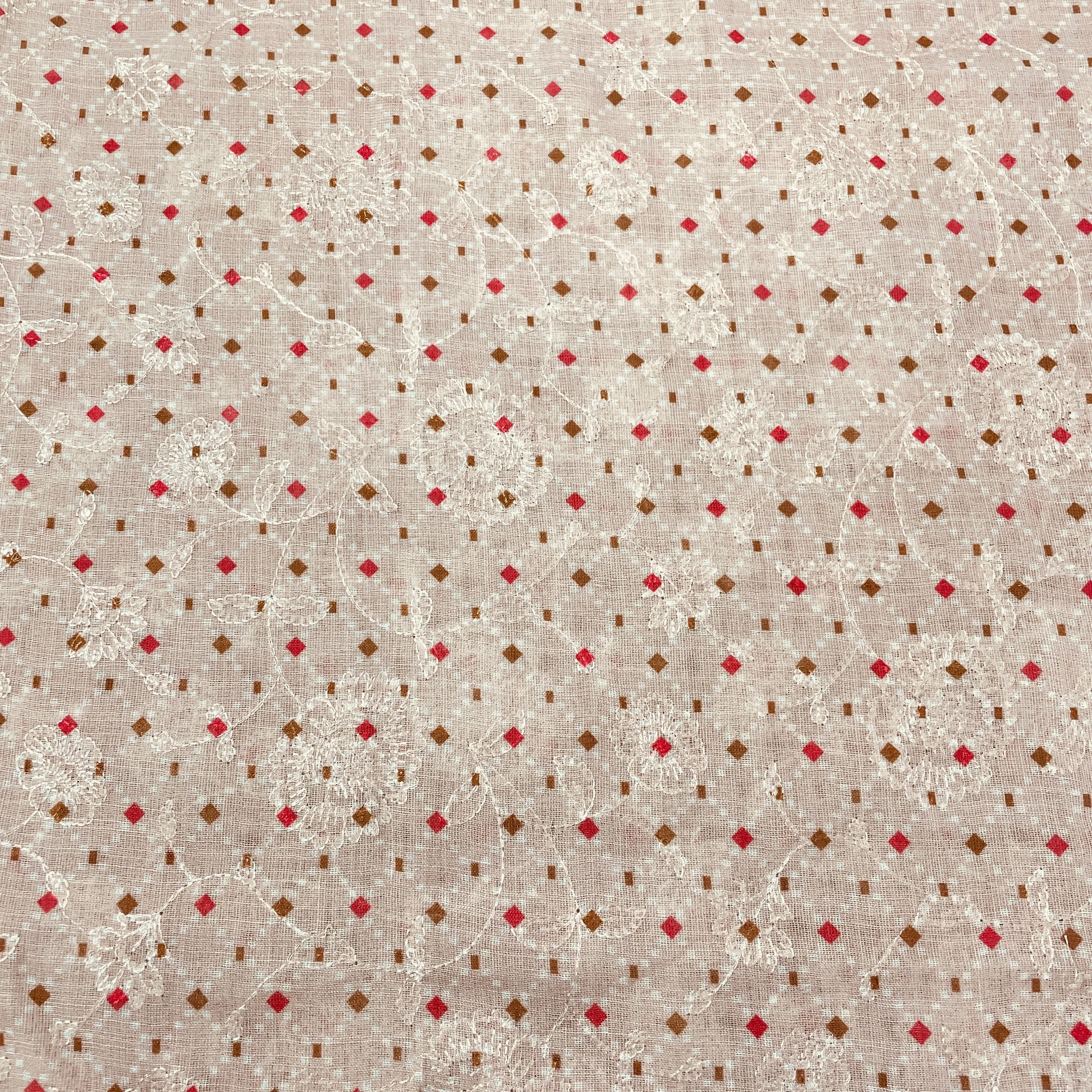 Peach Pink Handblock Print Sequins Embroidery Linen Fabric 32