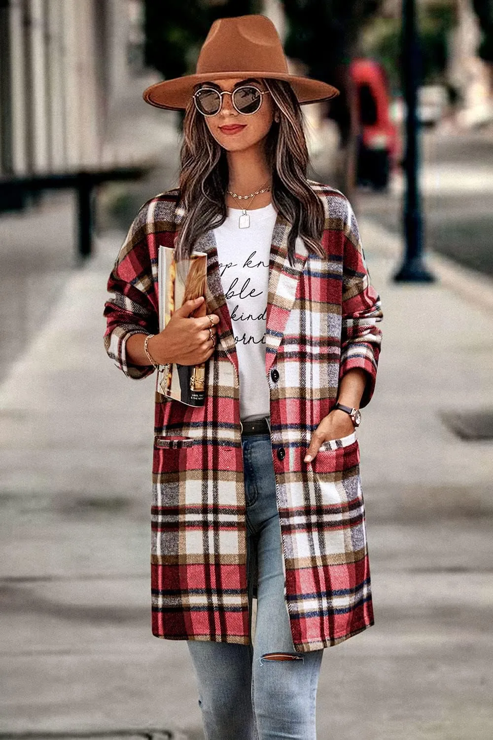 PRETTYGARDEN Women's Plaid Shacket Jacket Trendy Casual Button Wool Blend Winter Tartan Trench Coat with Pockets