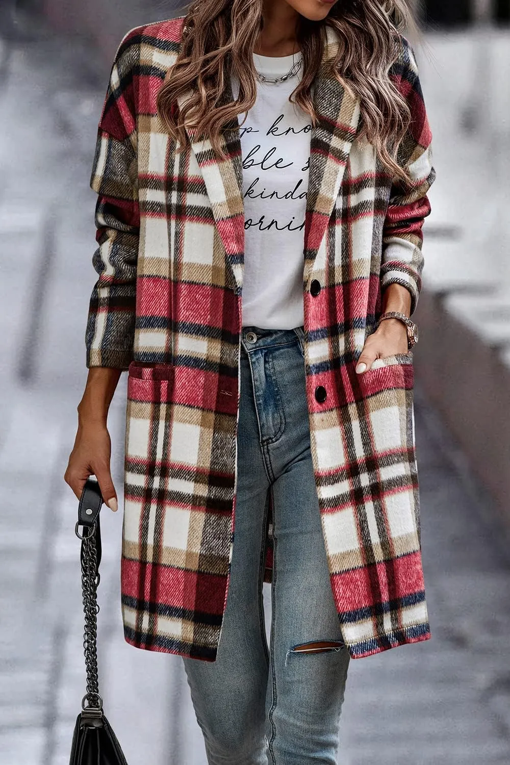 PRETTYGARDEN Women's Plaid Shacket Jacket Trendy Casual Button Wool Blend Winter Tartan Trench Coat with Pockets
