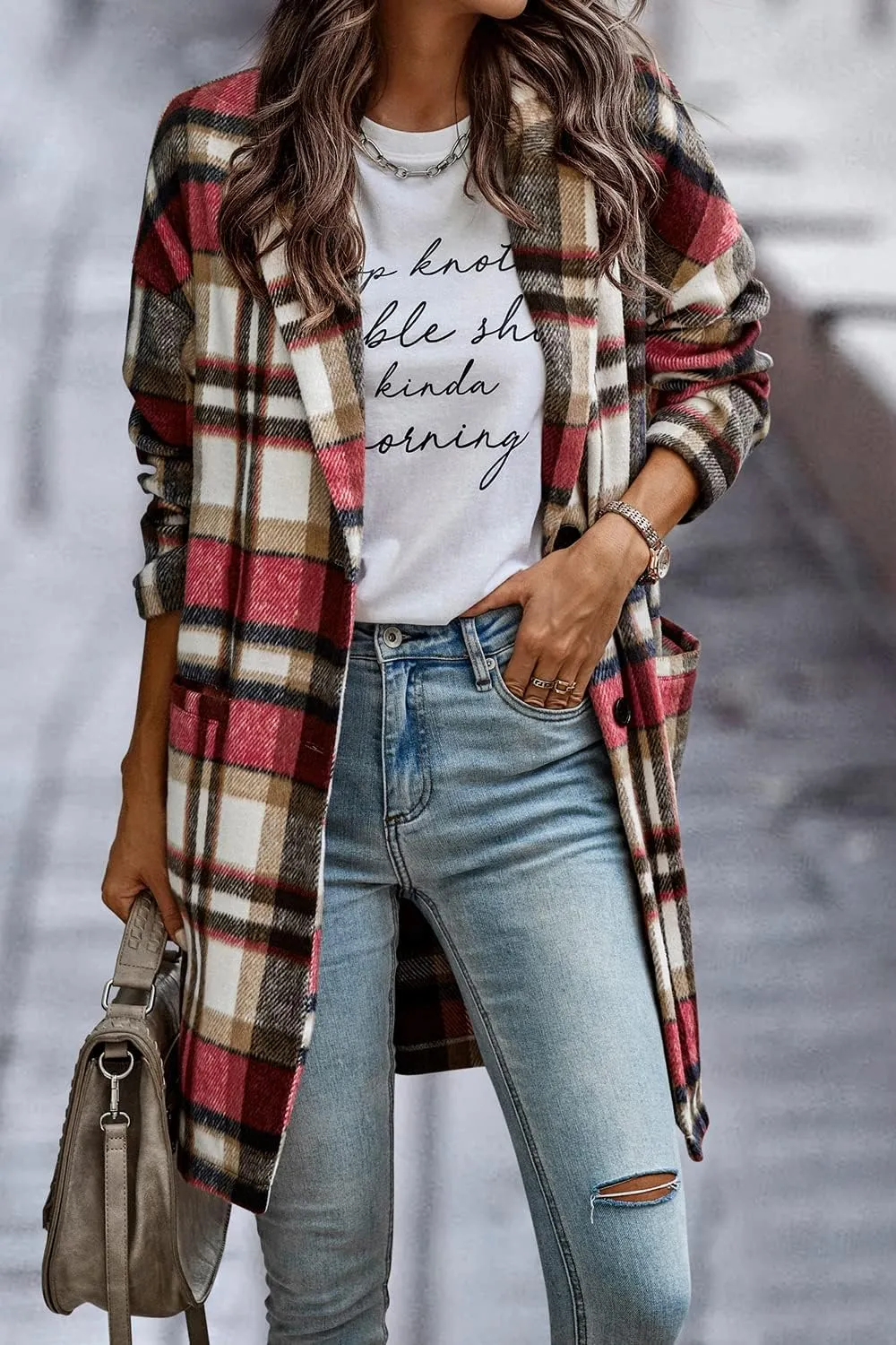PRETTYGARDEN Women's Plaid Shacket Jacket Trendy Casual Button Wool Blend Winter Tartan Trench Coat with Pockets