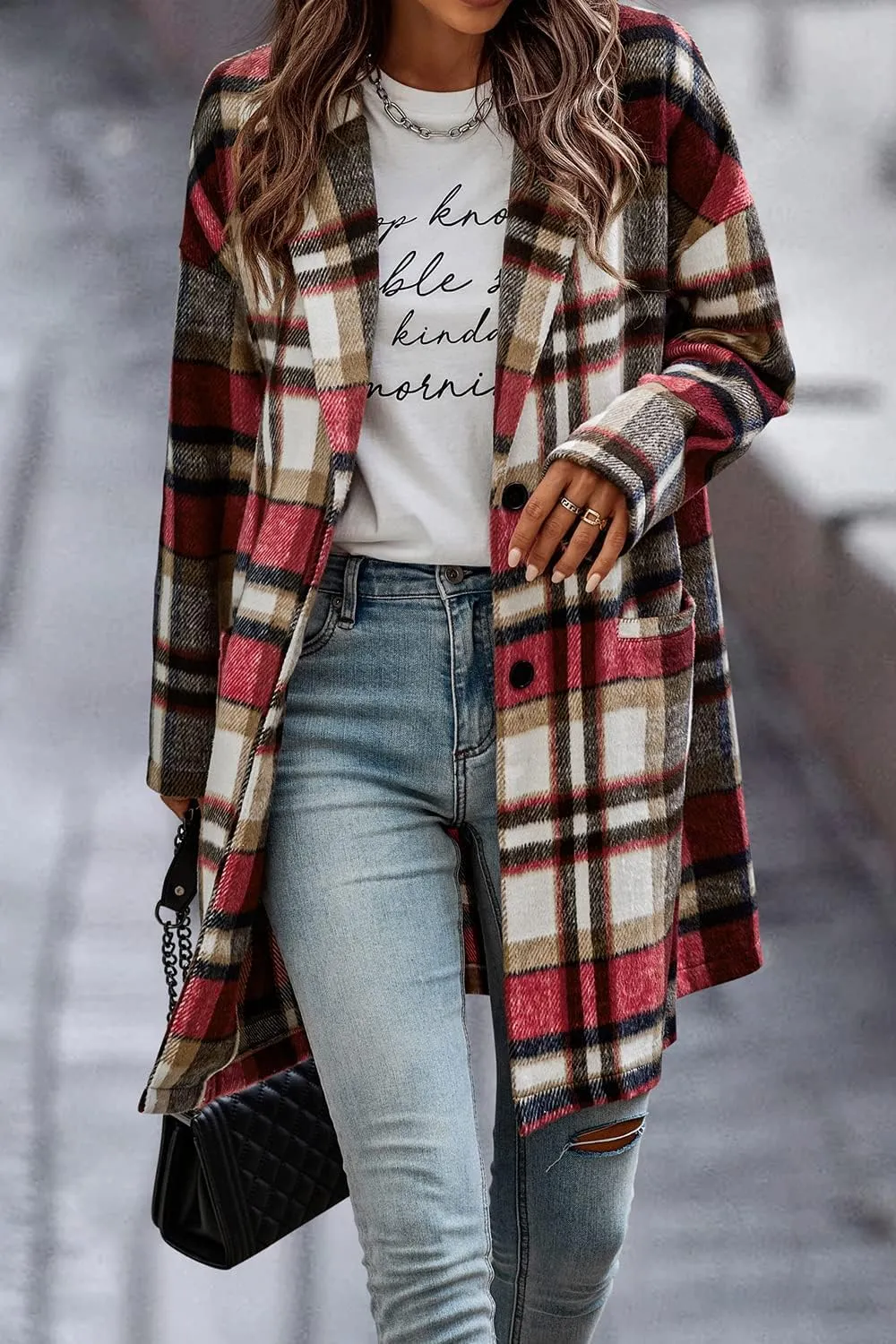 PRETTYGARDEN Women's Plaid Shacket Jacket Trendy Casual Button Wool Blend Winter Tartan Trench Coat with Pockets