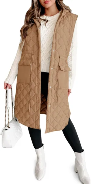 Tankaneo Women's Long Puffer Vest Sleeveless Hood Quilted Winter Outwear Warm Jackets Coats