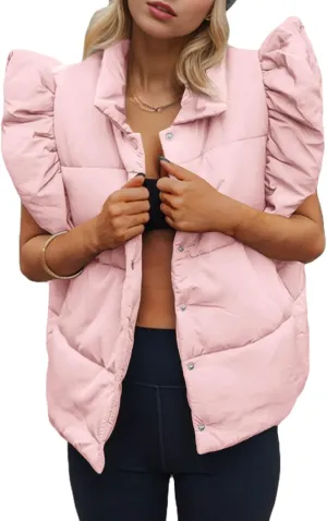 Tankaneo Womens Puffer Vest Ruffle Sleeveless Button Down Winter Warm Padded Gilet Coats