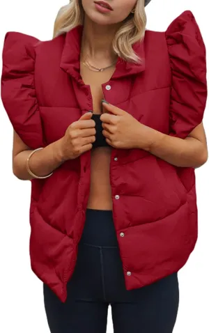 Tankaneo Womens Puffer Vest Ruffle Sleeveless Button Down Winter Warm Padded Gilet Coats