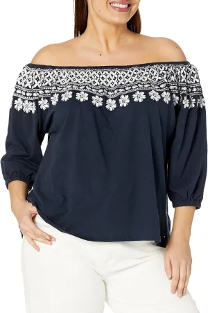 Tommy Hilfiger Womens Cotton Off Shoulder Peasant Blouse