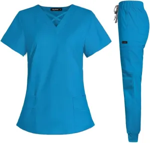 VIAOLI Scrubs for Women Set Modern V-Neck Top & 8 Pocket Jogger Pants Athletic Nursing Uniform Solid Stretch Workwear