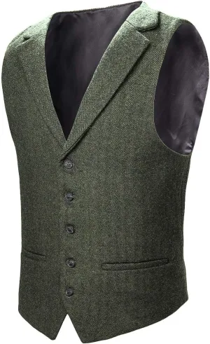 VOBOOM Mens Herringbone Tailored Collar Waistcoat Fullback Wool Tweed Suit Vest